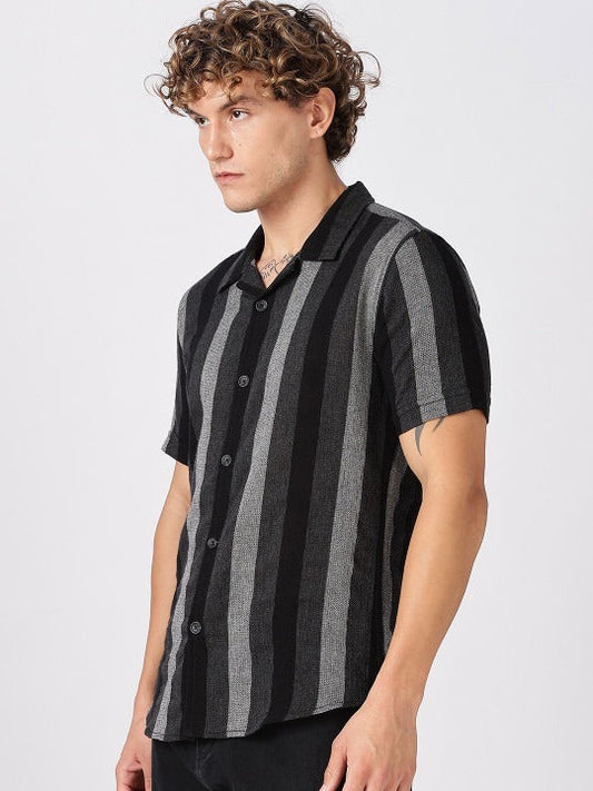 Black Grey Striped Half Sleeve Casual Shirt for Men | Zibilo