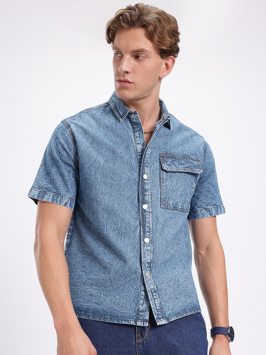 Blue Washed Denim Half Sleeve Shirt for Men | Zibilo